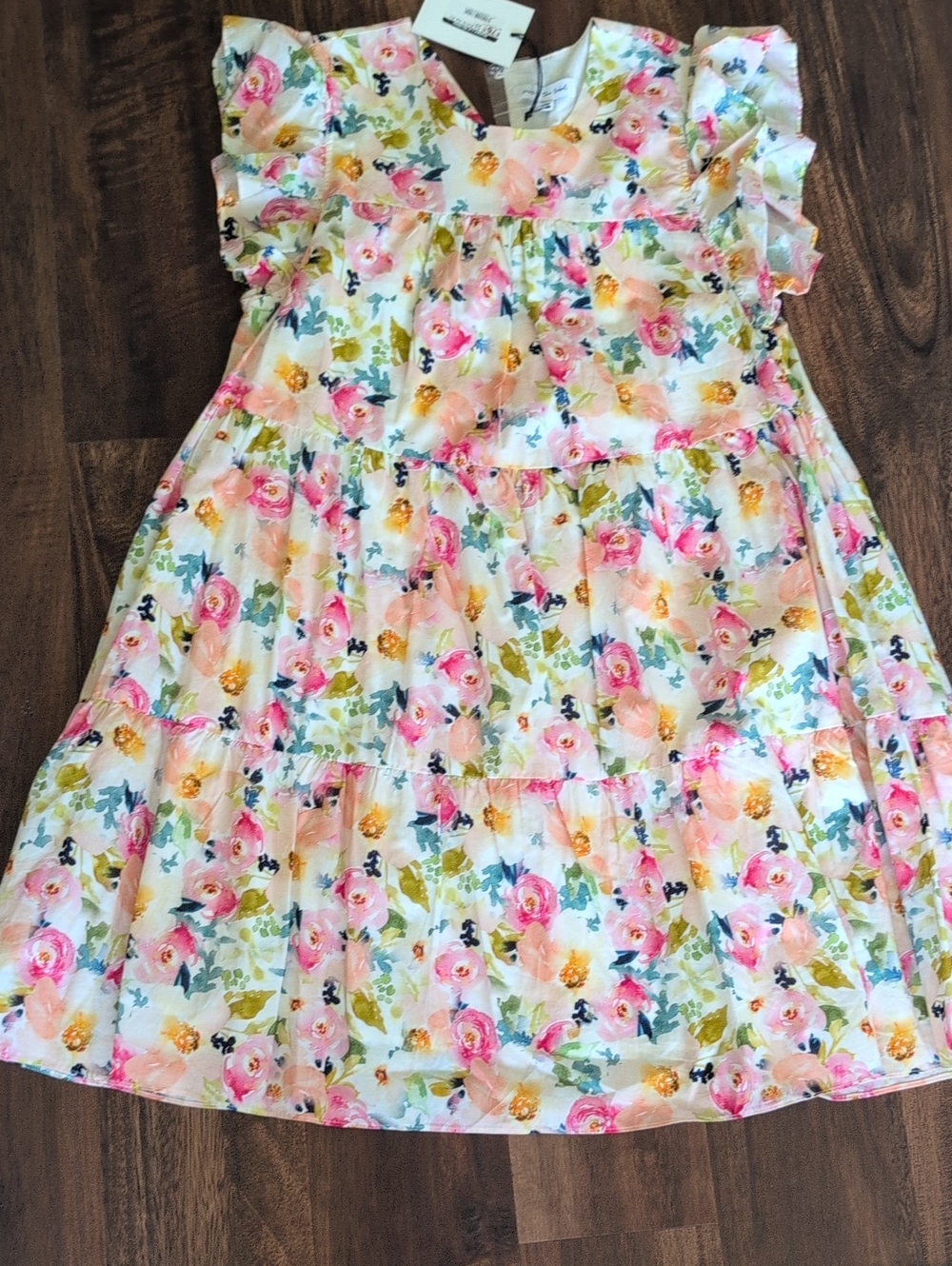 Jacqui E White Floral Tiered Girls' Dress with Pink & Yellow Accents